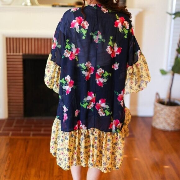 New Navy & Yellow Colorblock Floral Chiffon Ruffle Kimono 3X - Picture 2 of 5